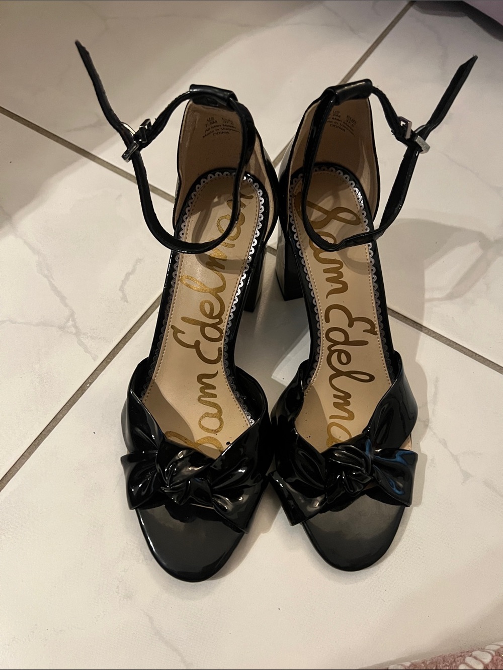 BRAND NEW Sam Edelman Black Patent Bow Ankle-Strap Block Heels BRAND NEW